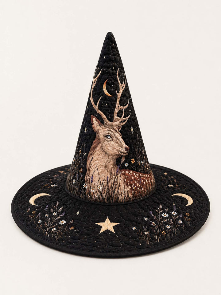 Chapeau de sorcière matelassé fait main – Cerf mystique dans un style sombre