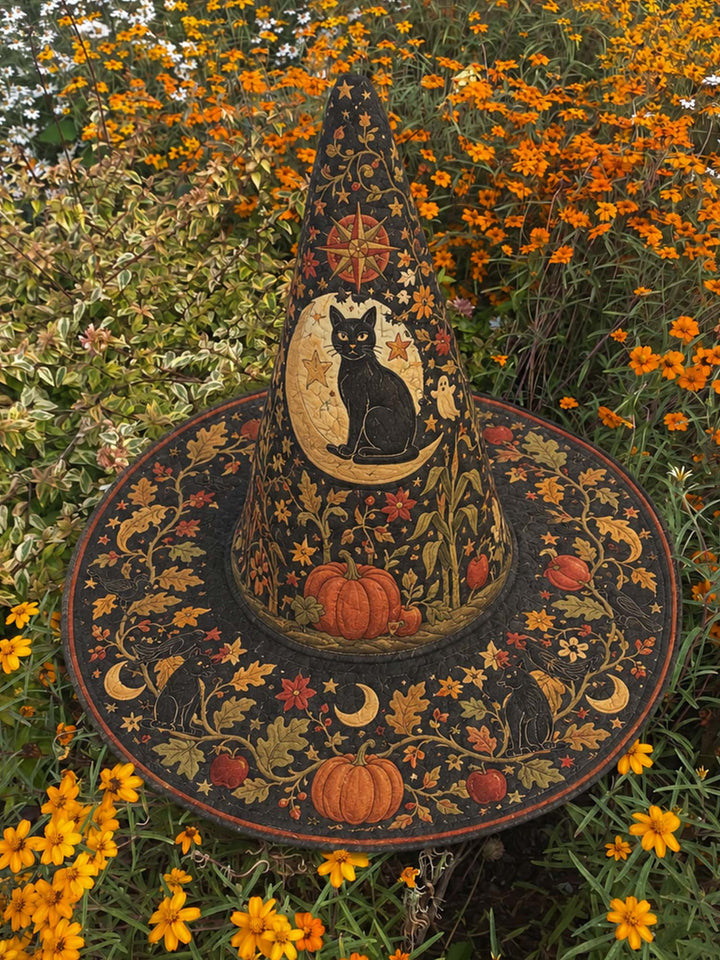 Chapeau de sorcière matelassé fait main – Chat noir, citrouilles et étoiles