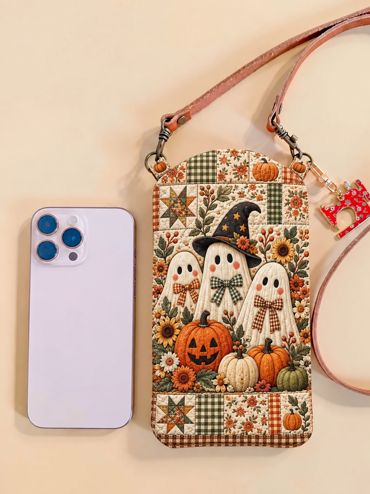Sacoche pour téléphone portable matelassée et étroite – Trio de fantômes dans le champ de citrouilles
