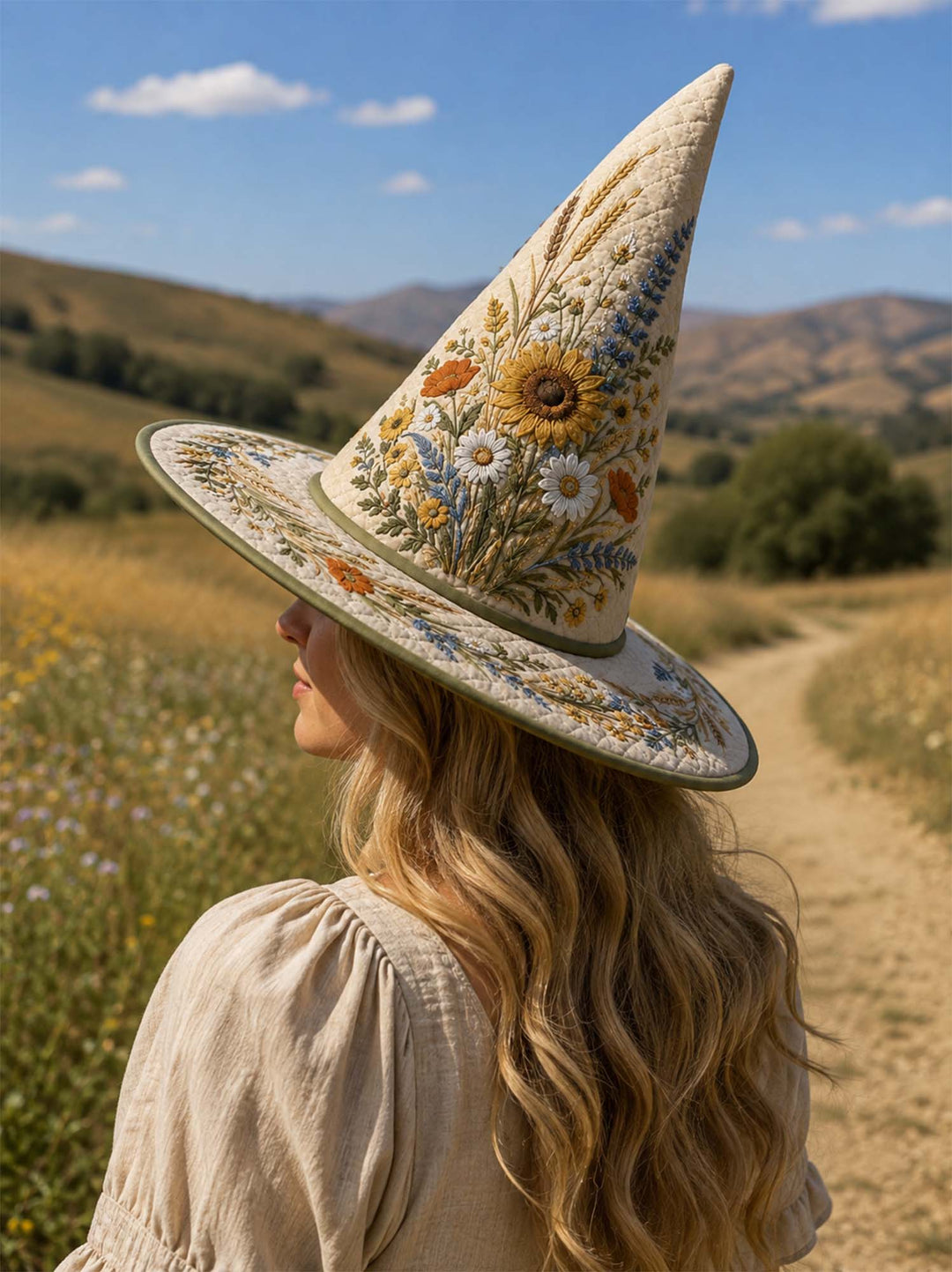 Chapeau de sorcière matelassé fait main – Fleurs sauvages et tournesols brodés