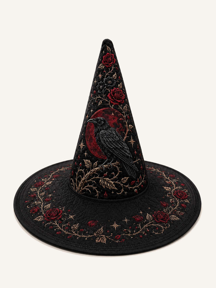 Chapeau de sorcière matelassé fait main – Roses noires et corbeau dans le style victorien