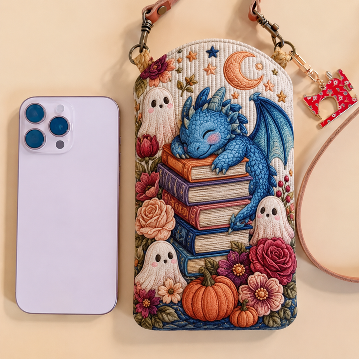 Sacoche de téléphone portable étroite matelassée – Dragon bleu paresseux sur une pile de livres