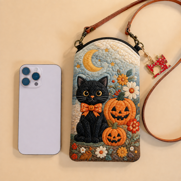 Sacoche pour téléphone portable étroite matelassée – Chat noir dans le jardin de citrouilles