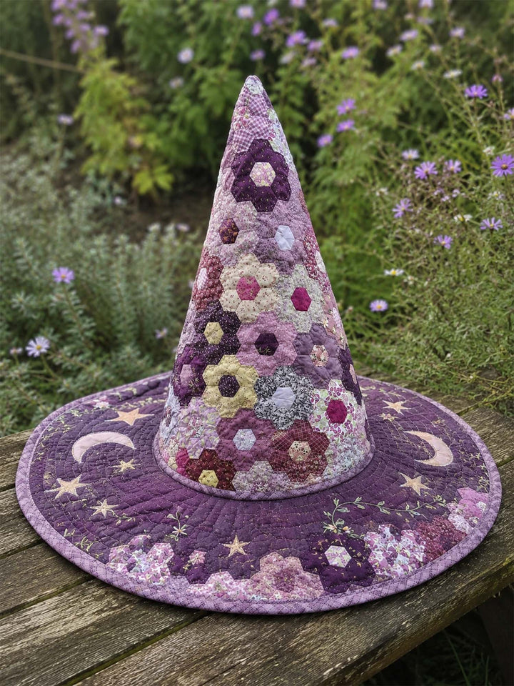 Chapeau de sorcière matelassé fait main – Patchwork hexagonal avec motifs d'étoiles
