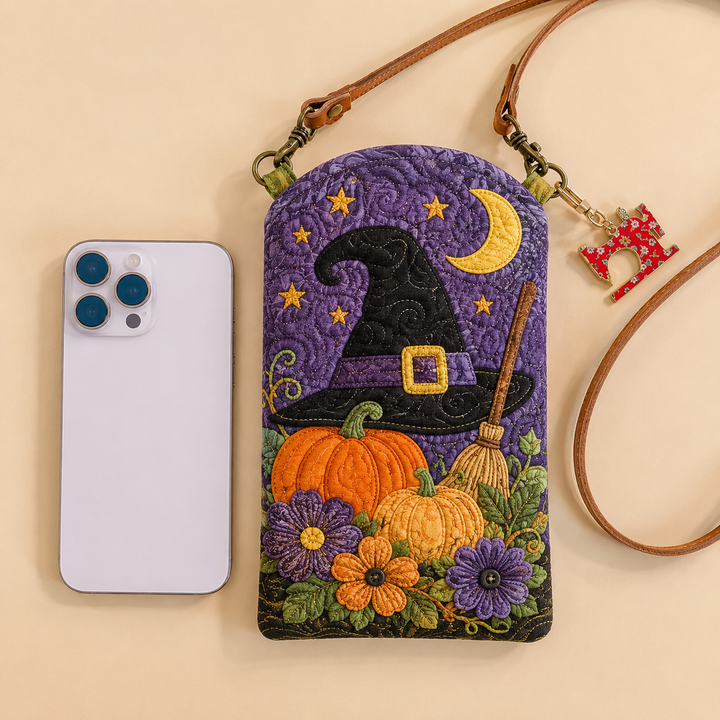 Sacoche pour téléphone portable étroite et matelassée – Chapeau de sorcière dans le jardin de citrouilles