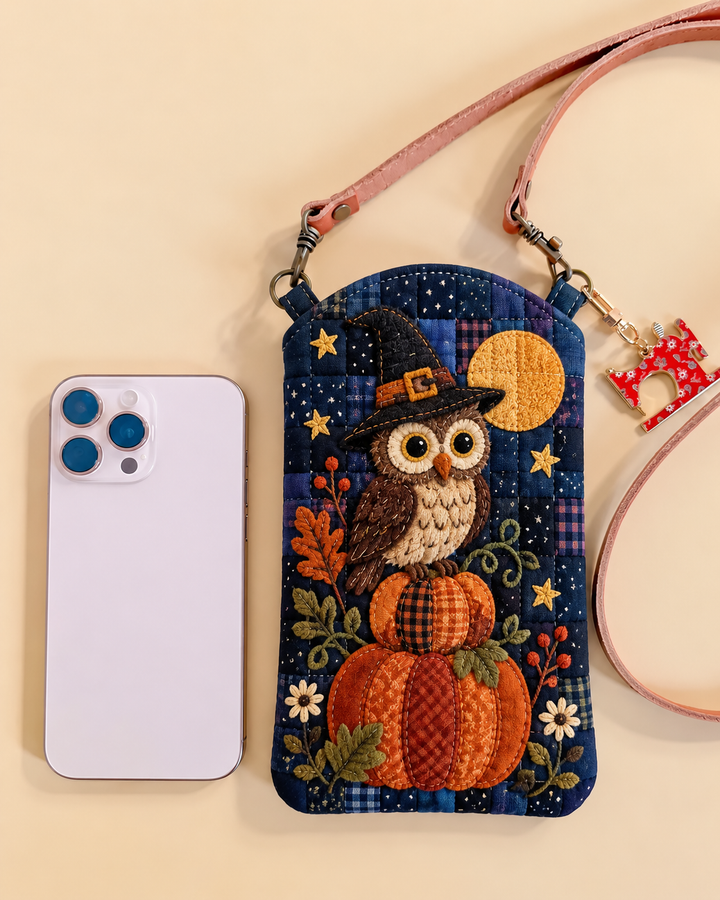 Sacoche pour téléphone portable étroite matelassée – Hibou et citrouilles au clair de lune