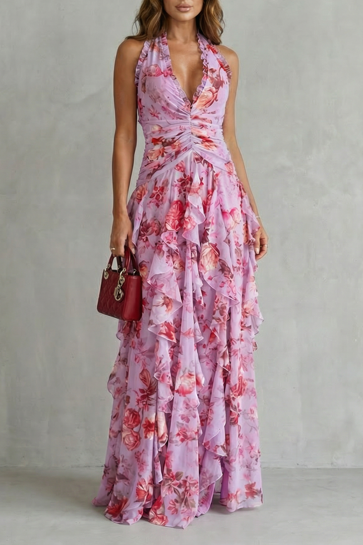 Belladina | Robe longue à décolleté américain avec cascade de roses