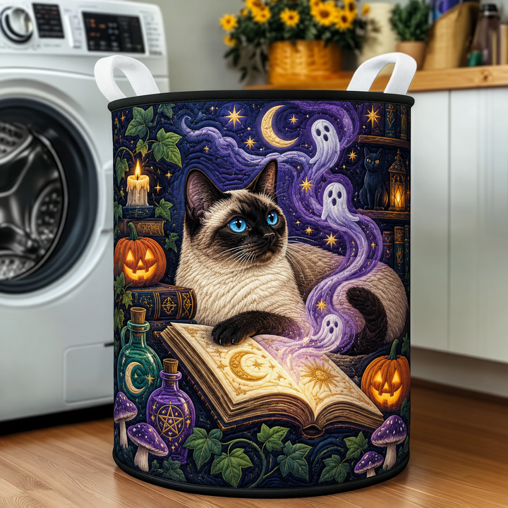 Panier à linge matelassé – Chat siamois et livre magique