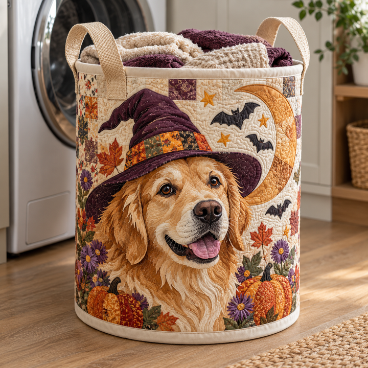 Panier à linge matelassé – Golden Retriever avec chapeau de sorcière