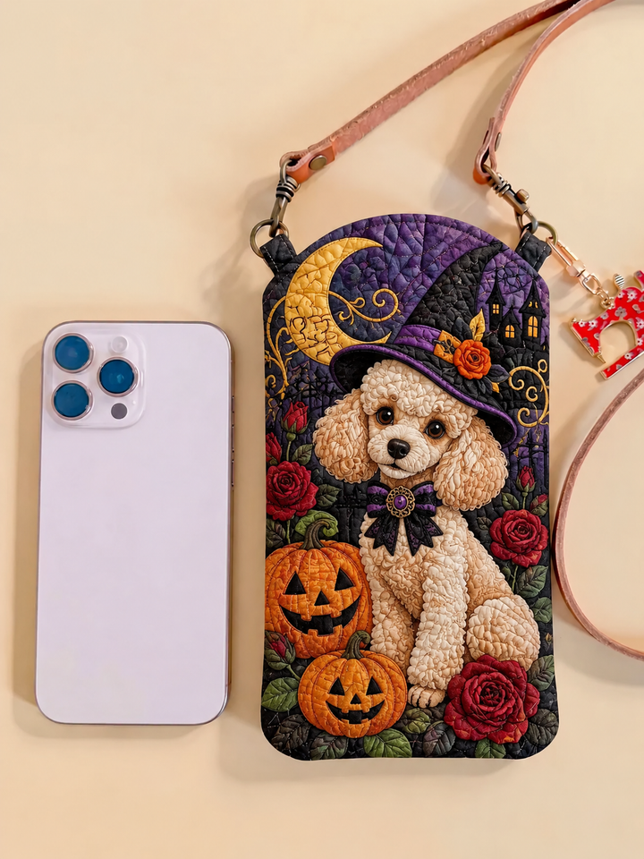 Sacoche de téléphone portable matelassée étroite – Chiot avec chapeau de sorcière pour Halloween