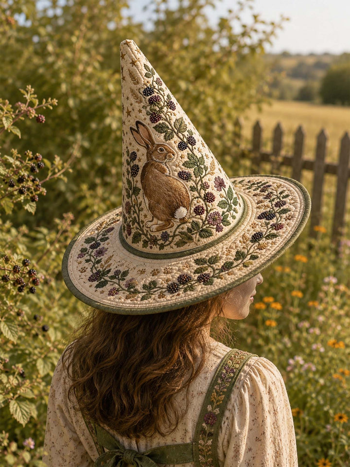 Chapeau de sorcière matelassé fait main – Lièvre des bois avec motifs végétaux de style campagnard