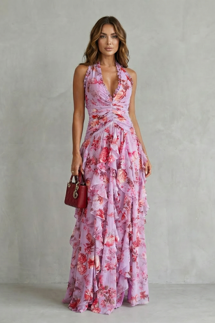 Belladina | Robe longue à décolleté américain avec cascade de roses