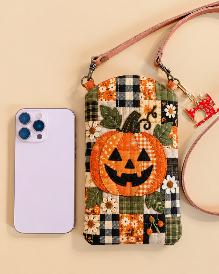 Sac à bandoulière étroit matelassé pour téléphone – Citrouille à carreaux