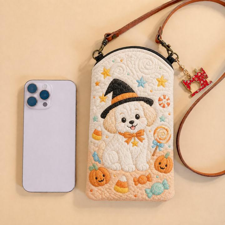 Sacoche pour téléphone portable matelassée étroite – Chiot avec chapeau de sorcière et bonbons