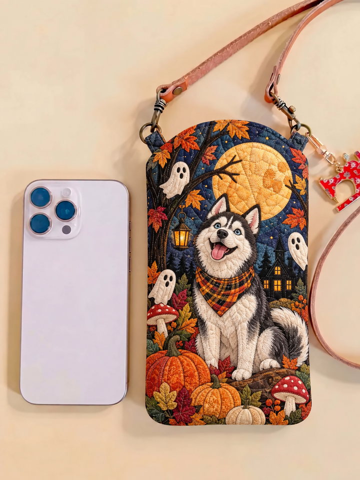 Sac à bandoulière pour téléphone portable en tissu matelassé étroit – Husky d'Halloween au clair de lune