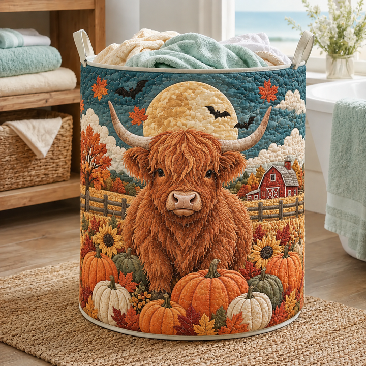 Panier à linge matelassé – Bovin des Highlands sous la lune d'automne