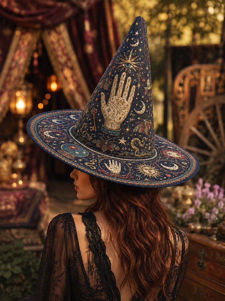 Chapeau de sorcière matelassé fait main – Tarot mystique et étoiles