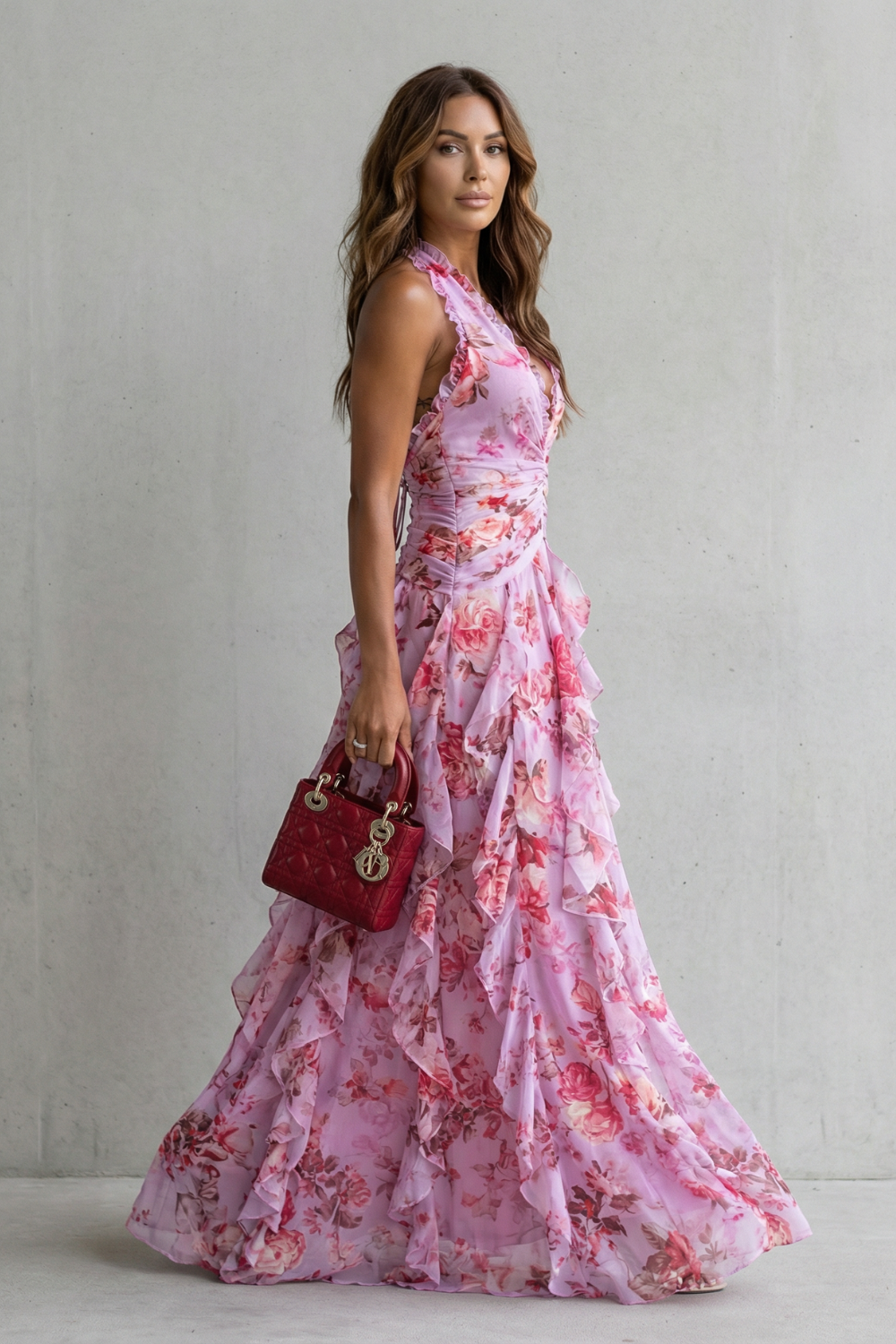 Belladina | Robe longue à décolleté américain avec cascade de roses