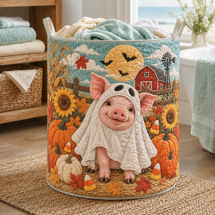 Panier à linge matelassé – Porcelet en costume de fantôme pour la récolte
