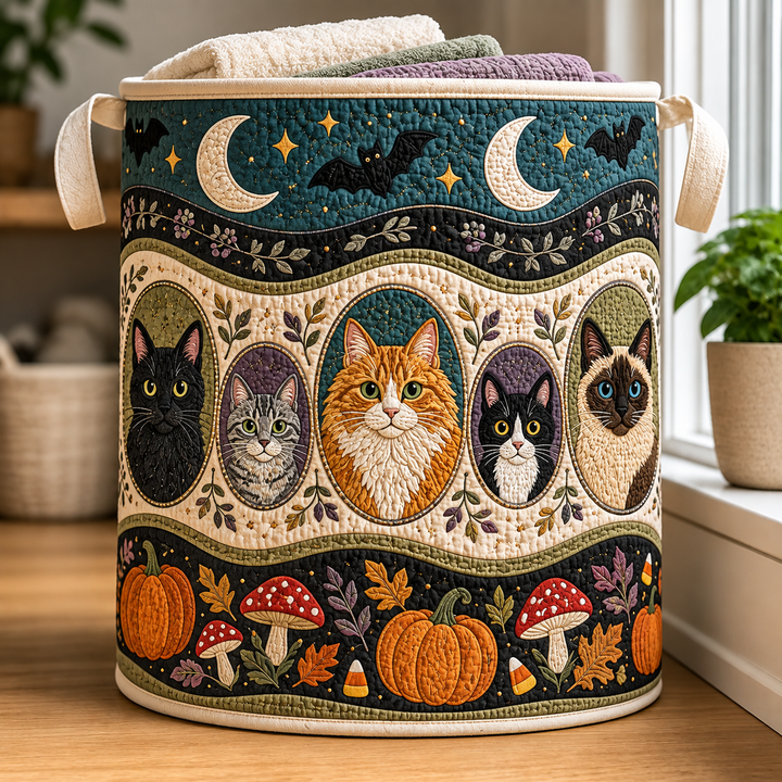 Panier à linge matelassé – Portrait de chat au clair de lune