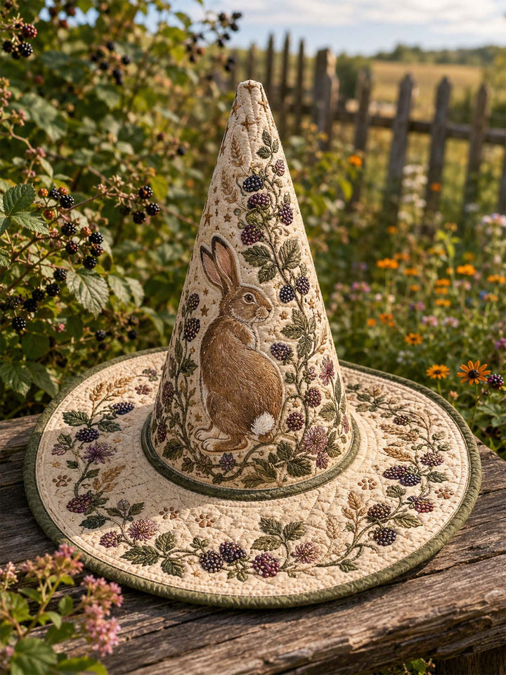 Chapeau de sorcière matelassé fait main – Lièvre des bois avec motifs végétaux de style campagnard