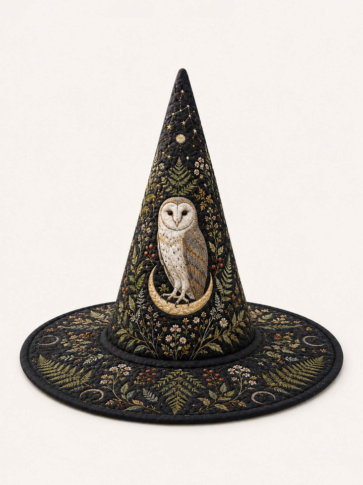 Chapeau de sorcière matelassé fait main – Hibou dans la forêt sombre au clair de lune