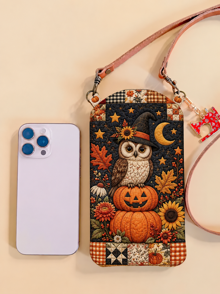 Sac à bandoulière pour téléphone slim matelassé – Hibou et citrouilles pour Halloween