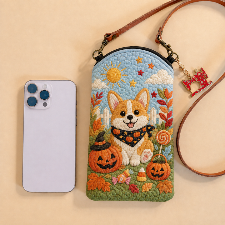 Sacoche pour téléphone portable matelassée et étroite – Corgi d'Halloween parmi les bonbons
