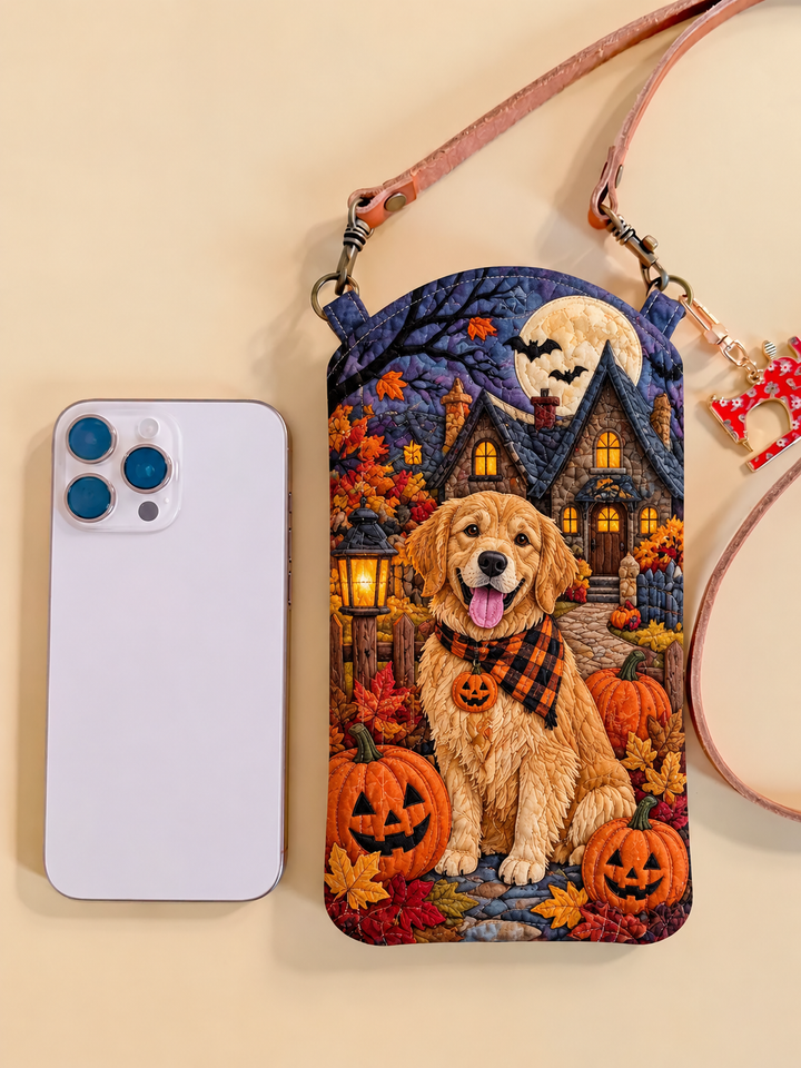 Sac à bandoulière étroit matelassé pour téléphone – Golden Retriever dans la nuit des citrouilles