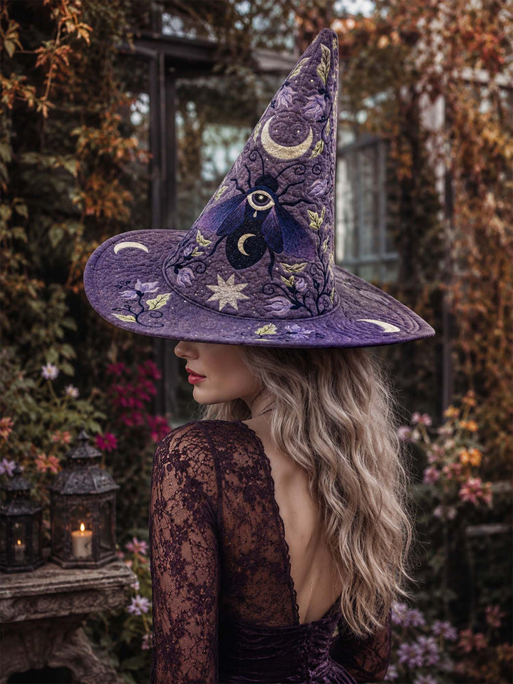 Chapeau de sorcière matelassé fait main – Mystérieux lune violette et étoiles