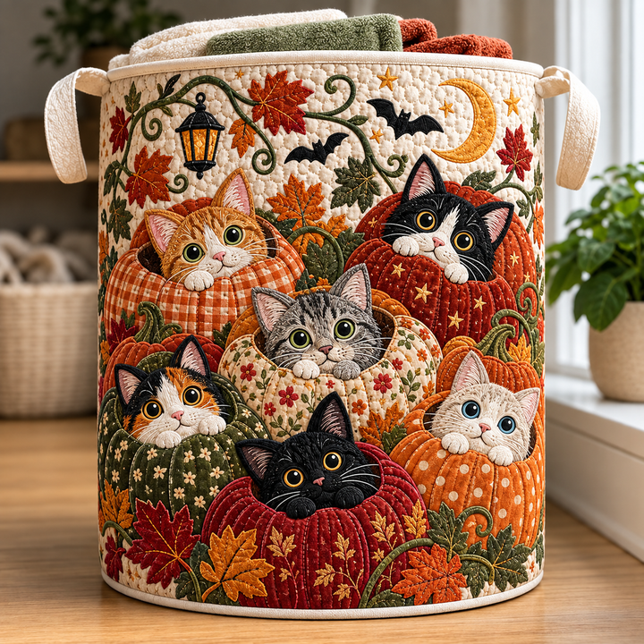 Panier à linge matelassé – Chats et citrouilles d'automne