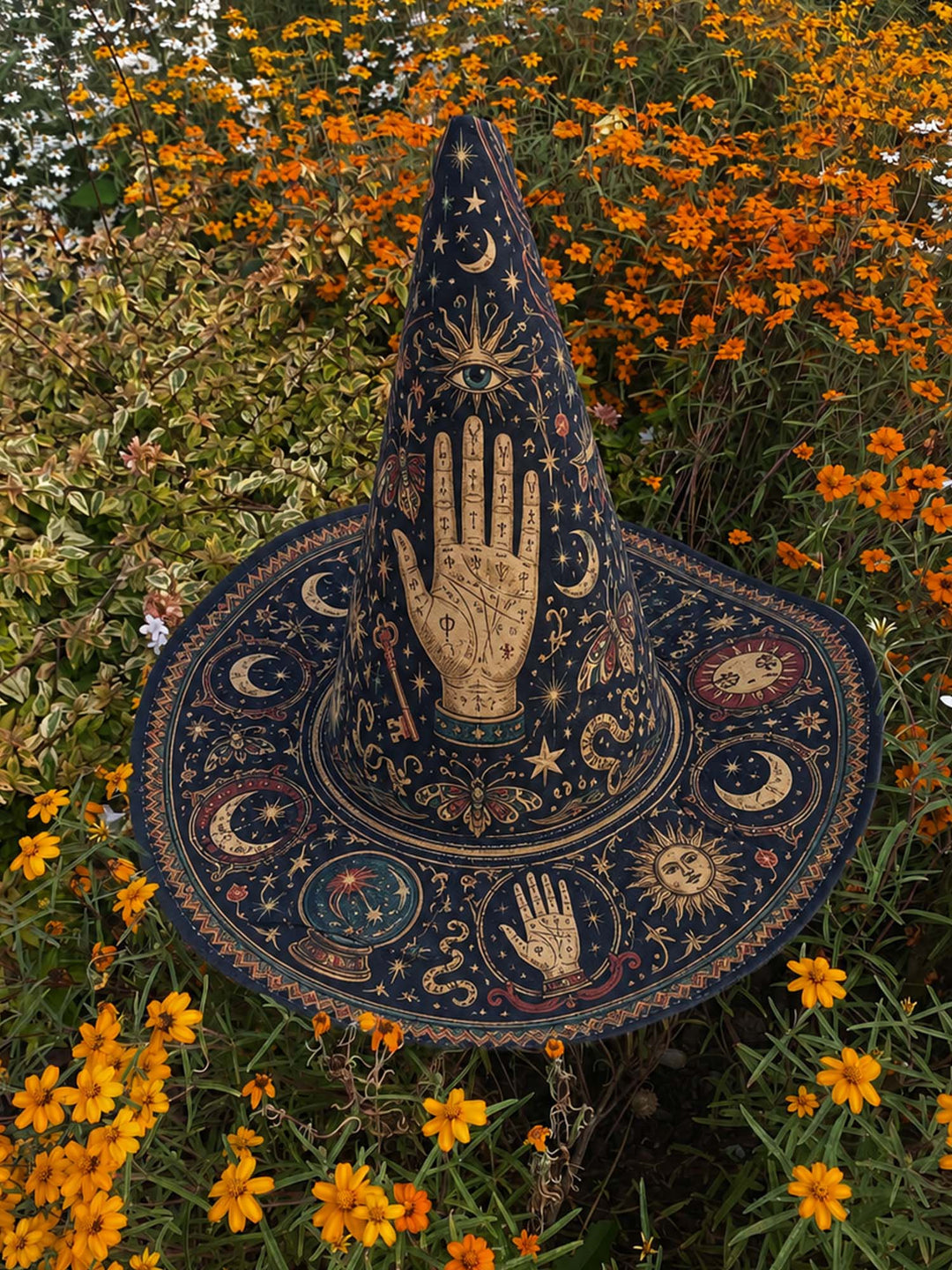 Chapeau de sorcière matelassé fait main – Tarot mystique et étoiles