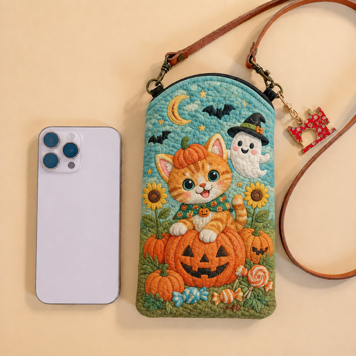 Sac à bandoulière pour téléphone fin matelassé – Chat rouge dans le jardin des esprits