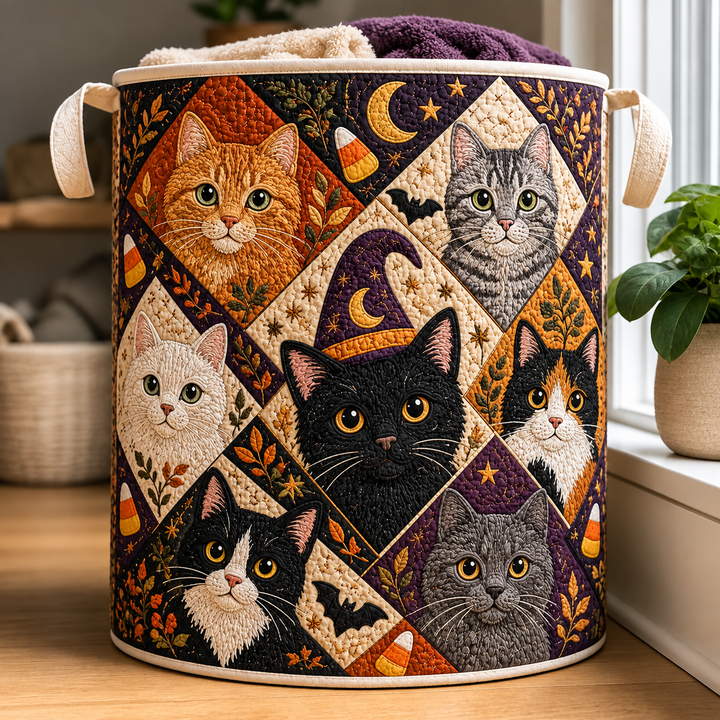 Panier à linge matelassé – Collage avec des portraits de chats effrayants