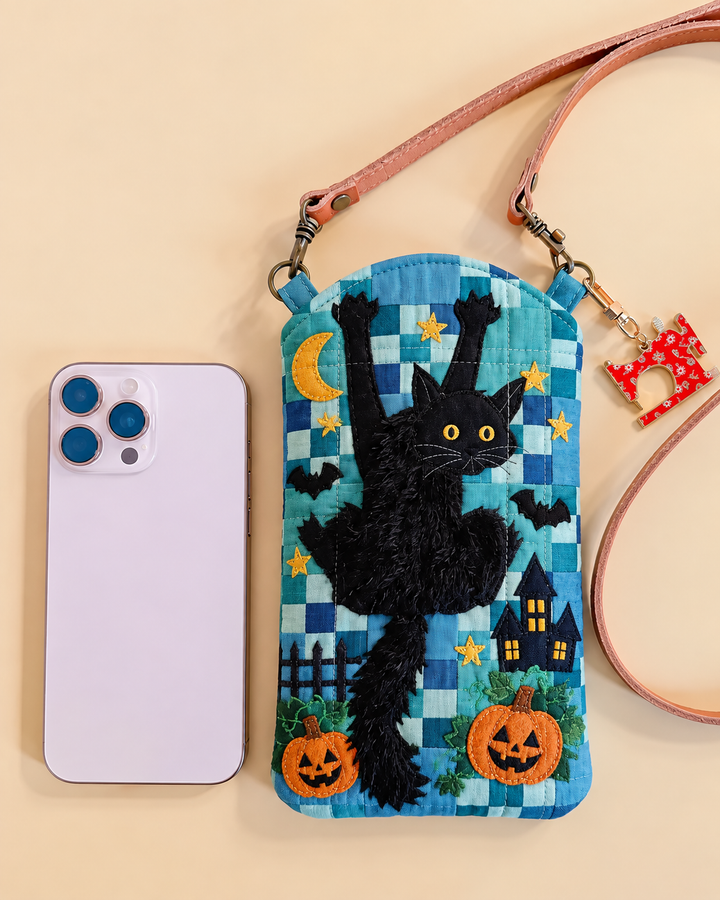 Sacoche pour téléphone portable matelassée et étroite – Chat noir en patchwork bleu