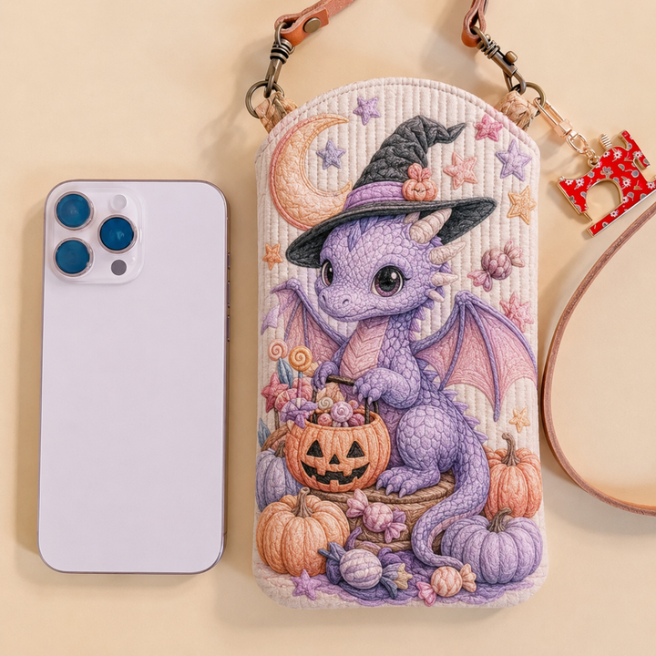 Sac à bandoulière pour téléphone mobile en tissu matelassé étroit – Dragon sorcier couleur lavande