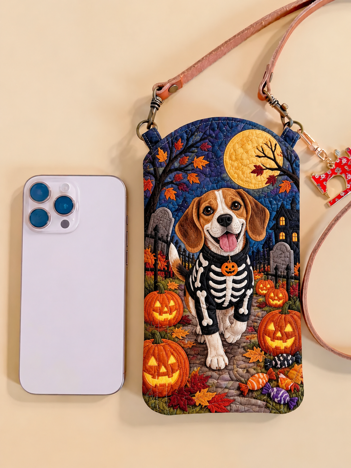Sacoche de téléphone portable matelassée étroite – Beagle en costume de squelette pour Halloween