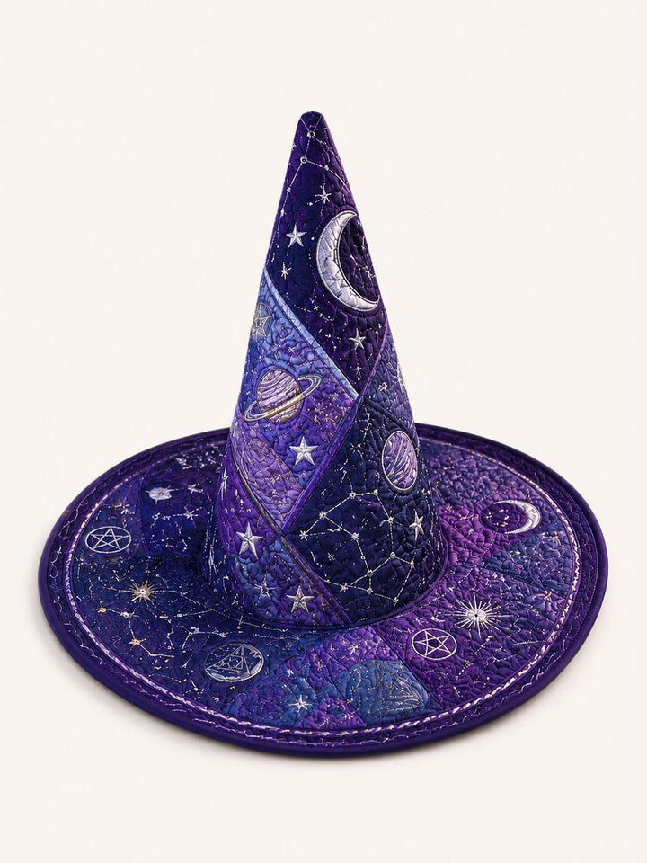 Chapeau de sorcière matelassé fait main – Monde des érudits sombres et motifs cosmiques