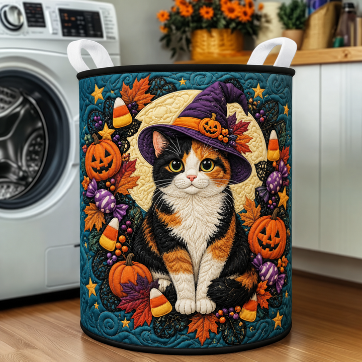 Panier à linge matelassé – Chat sorcière tricolore pour Halloween