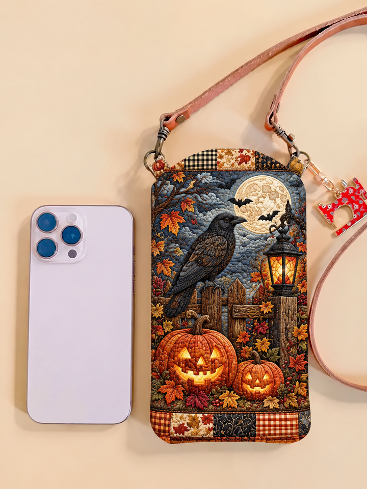 Sacoche pour téléphone portable étroite matelassée – Corbeau et citrouilles au clair de lune