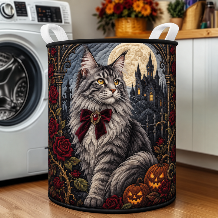 Panier à linge matelassé – Chat gris et citrouilles dans un style sombre