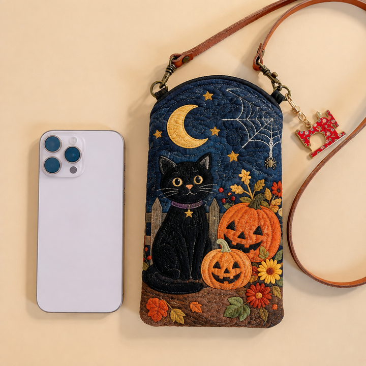 Sacoche de téléphone portable matelassée étroite – Chat noir dans la nuit de Halloween