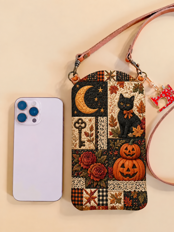 Sac à bandoulière étroit matelassé pour téléphone – Chat noir au clair de lune en patchwork