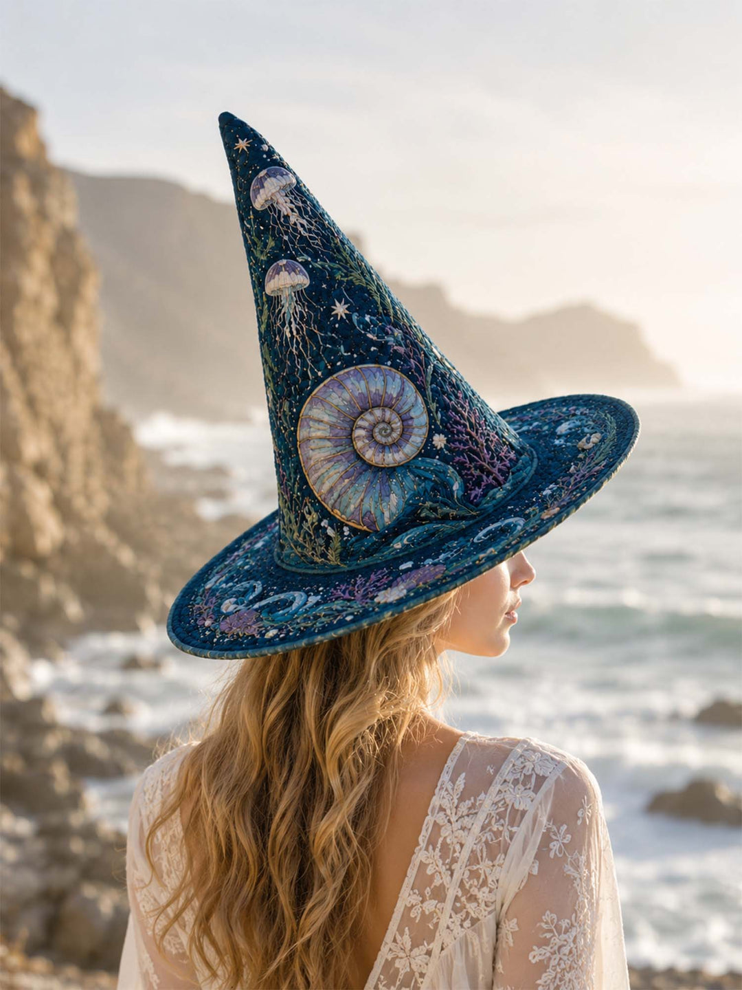 Chapeau de sorcière matelassé fait main – Sirène des profondeurs marines dans un style côtier sombre
