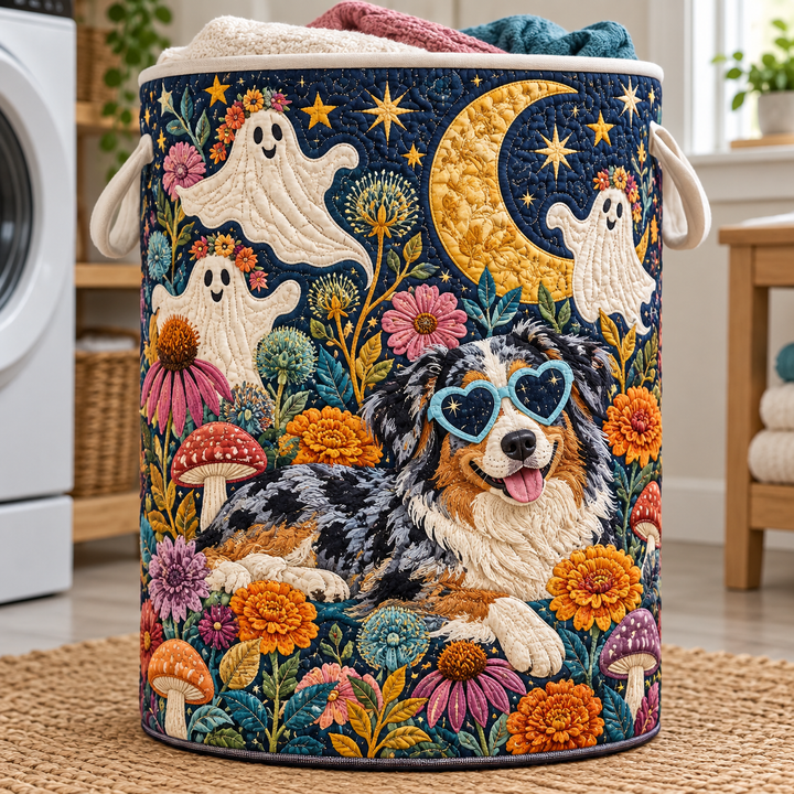 Panier à linge matelassé – Border Collie dans le jardin fantôme au clair de lune