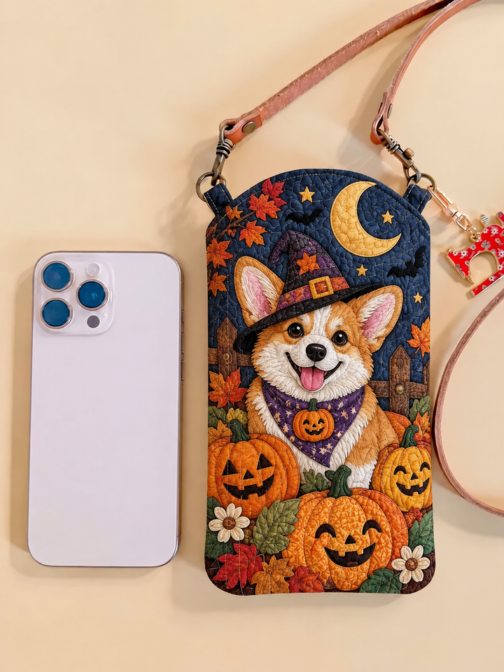 Sacoche pour téléphone portable étroite et matelassée – Corgi avec des citrouilles pour Halloween
