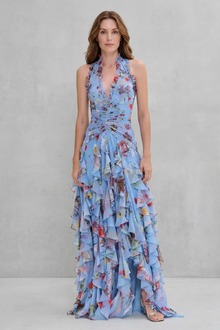 Belladina | Robe longue à décolleté américain avec cascade de roses