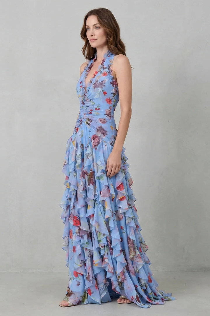 Belladina | Robe longue à décolleté américain avec cascade de roses