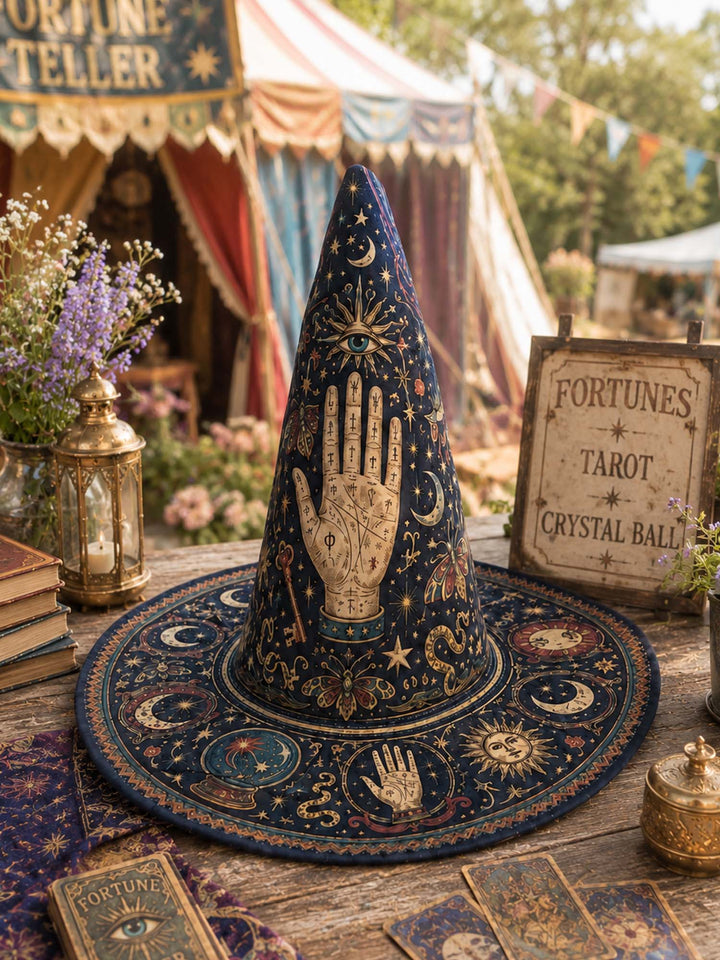Chapeau de sorcière matelassé fait main – Tarot mystique et étoiles