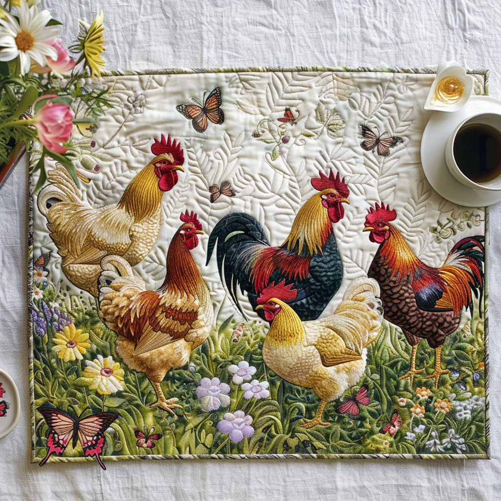 Sets de table matelassés – avec des poules et des fleurs charmantes NCU0TL071